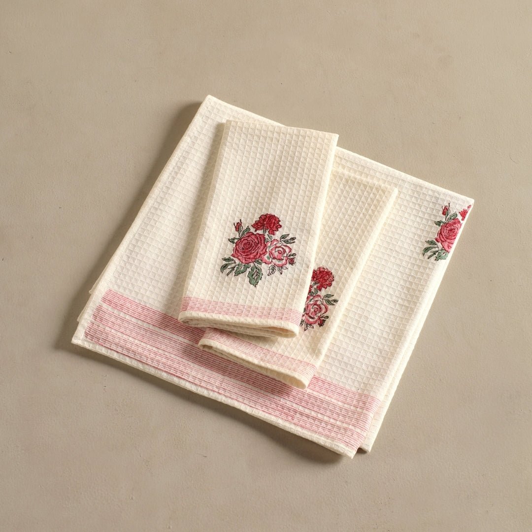 Pure Cotton Hand and Bath Towel Set | Hand Block Printed Off White With Roses | Handmade In India