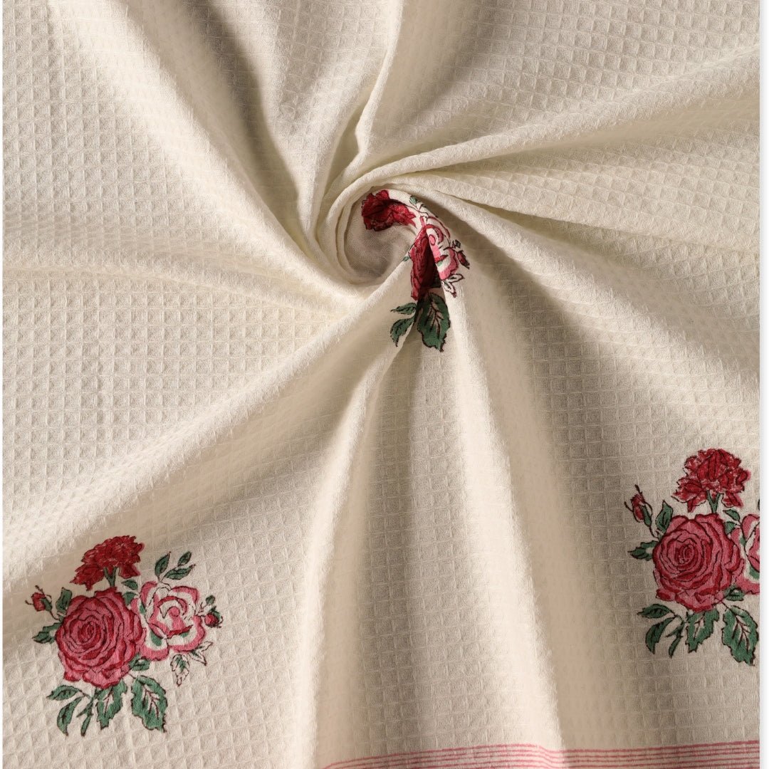 Pure Cotton Hand and Bath Towel Set | Hand Block Printed Off White With Roses | Handmade In India