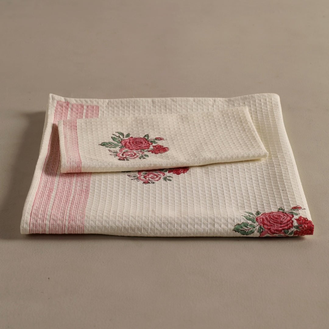 Pure Cotton Hand and Bath Towel Set | Hand Block Printed Off White With Roses | Handmade In India