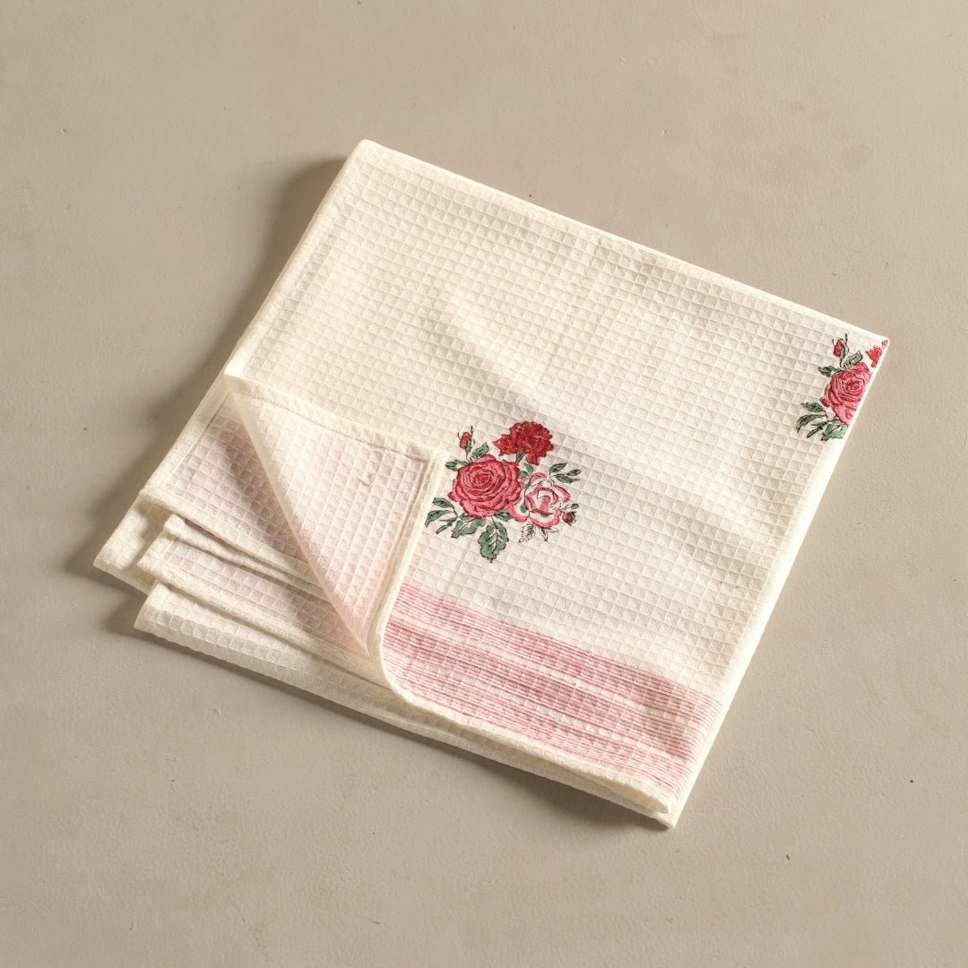 Pure Cotton Hand and Bath Towel Set | Hand Block Printed Off White With Roses | Handmade In India