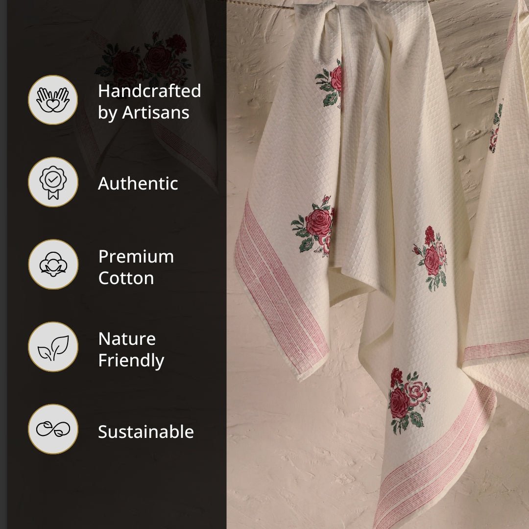 Pure Cotton Hand and Bath Towel Set | Hand Block Printed Off White With Roses | Handmade In India