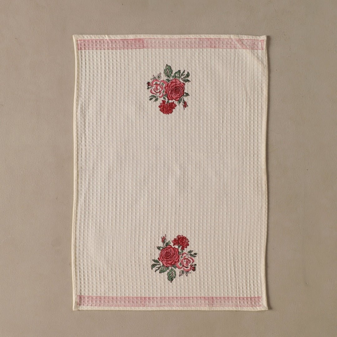 Pure Cotton Hand and Bath Towel Set | Hand Block Printed Off White With Roses | Handmade In India