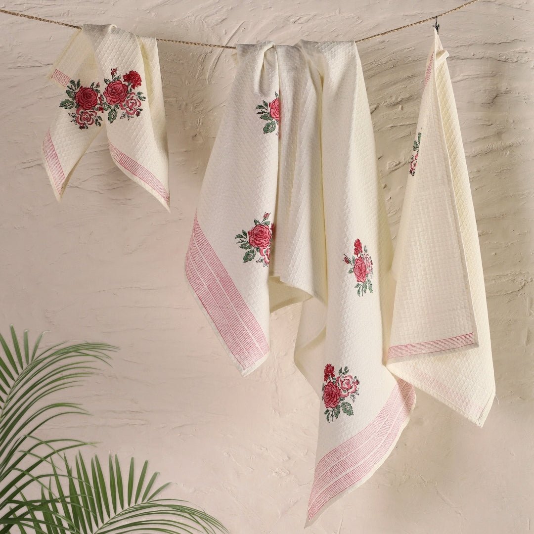 Pure Cotton Hand and Bath Towel Set | Hand Block Printed Off White With Roses | Handmade In India