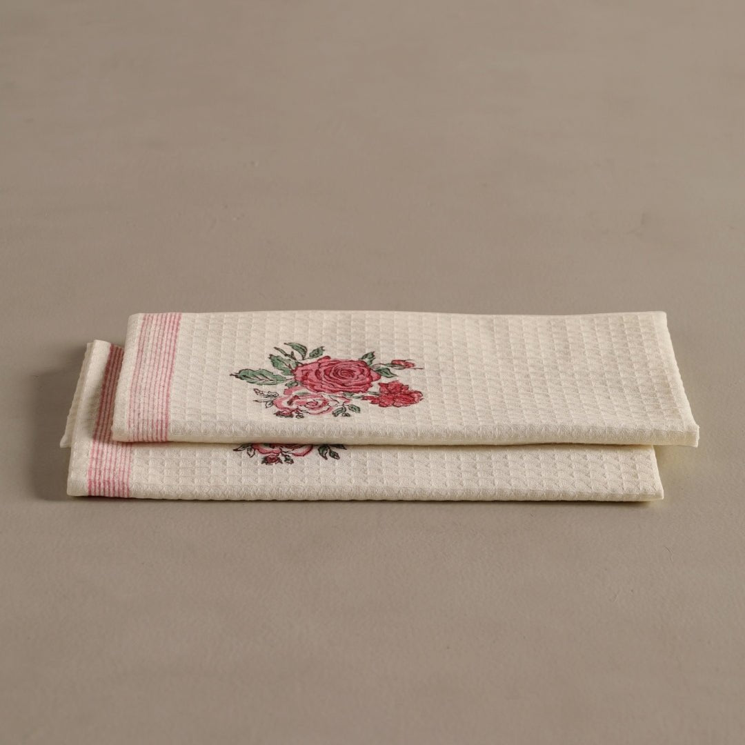 Pure Cotton Hand and Bath Towel Set | Hand Block Printed Off White With Roses | Handmade In India