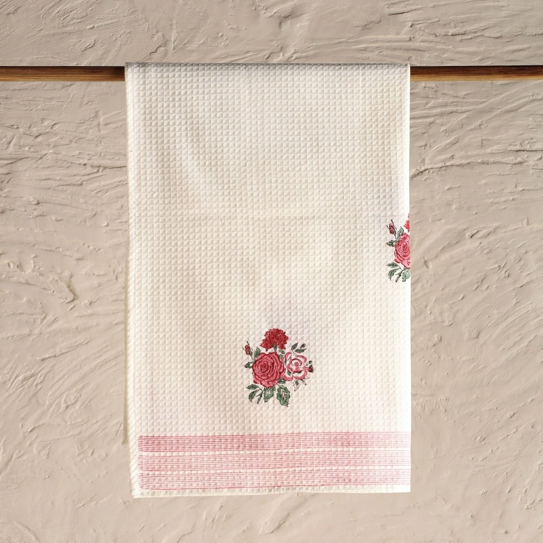 Pure Cotton Hand and Bath Towel Set | Hand Block Printed Off White With Roses | Handmade In India
