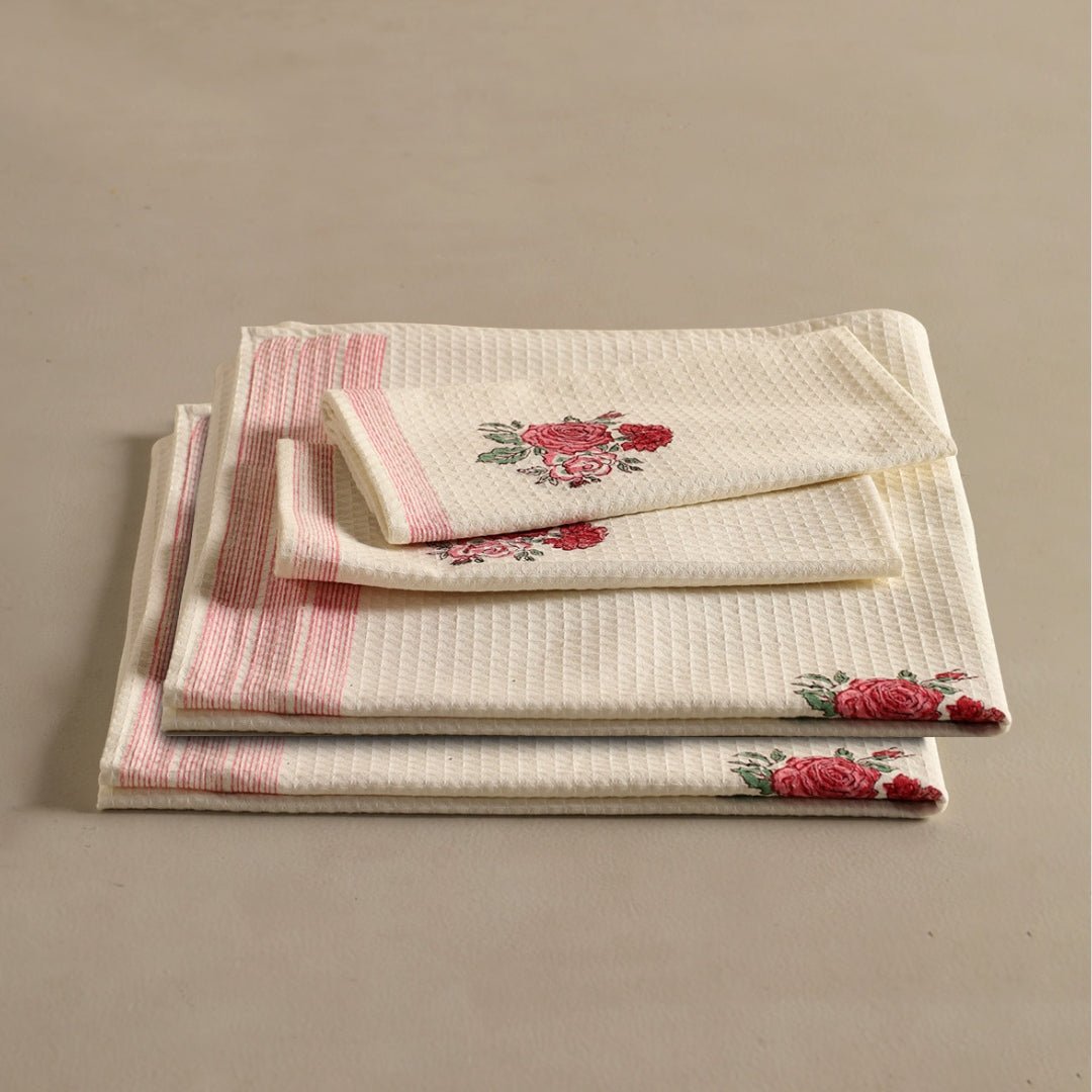 Pure Cotton Hand and Bath Towel Set | Hand Block Printed Off White With Roses | Handmade In India