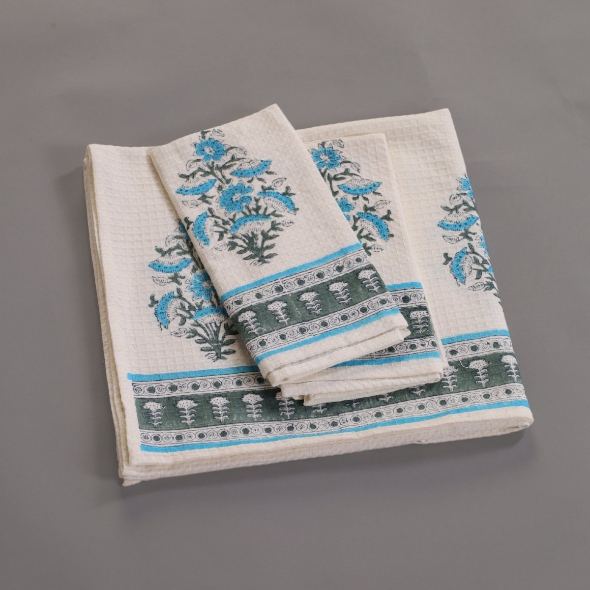 Pure Cotton Hand and Bath Towel Set | Handprinted Floral Pattern In Off White, Blue & Teal | Handmade in India