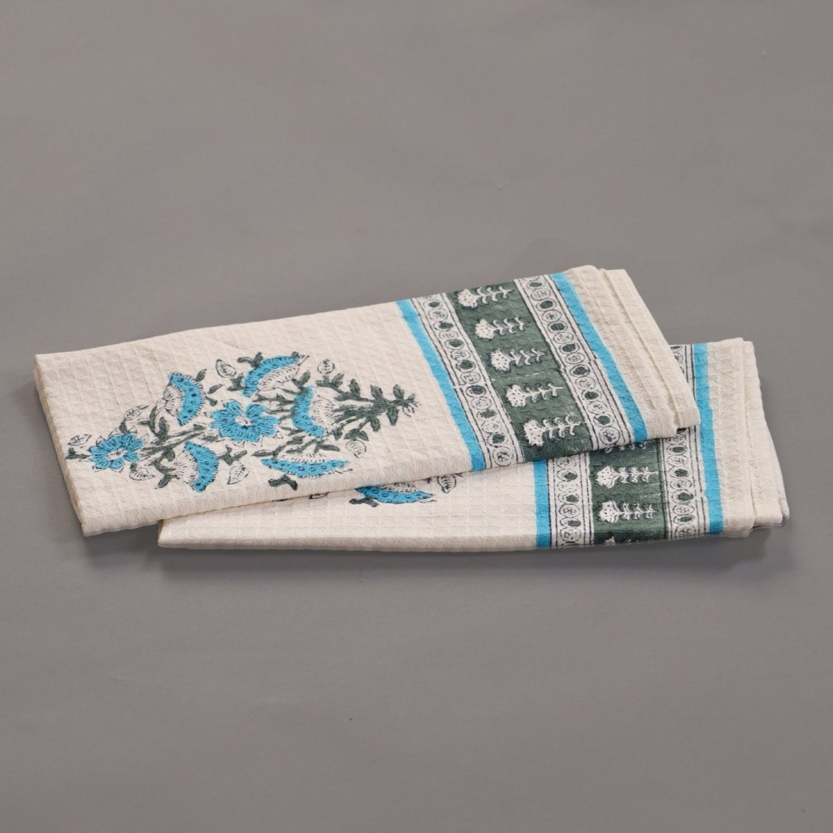 Pure Cotton Hand and Bath Towel Set | Handprinted Floral Pattern In Off White, Blue & Teal | Handmade in India