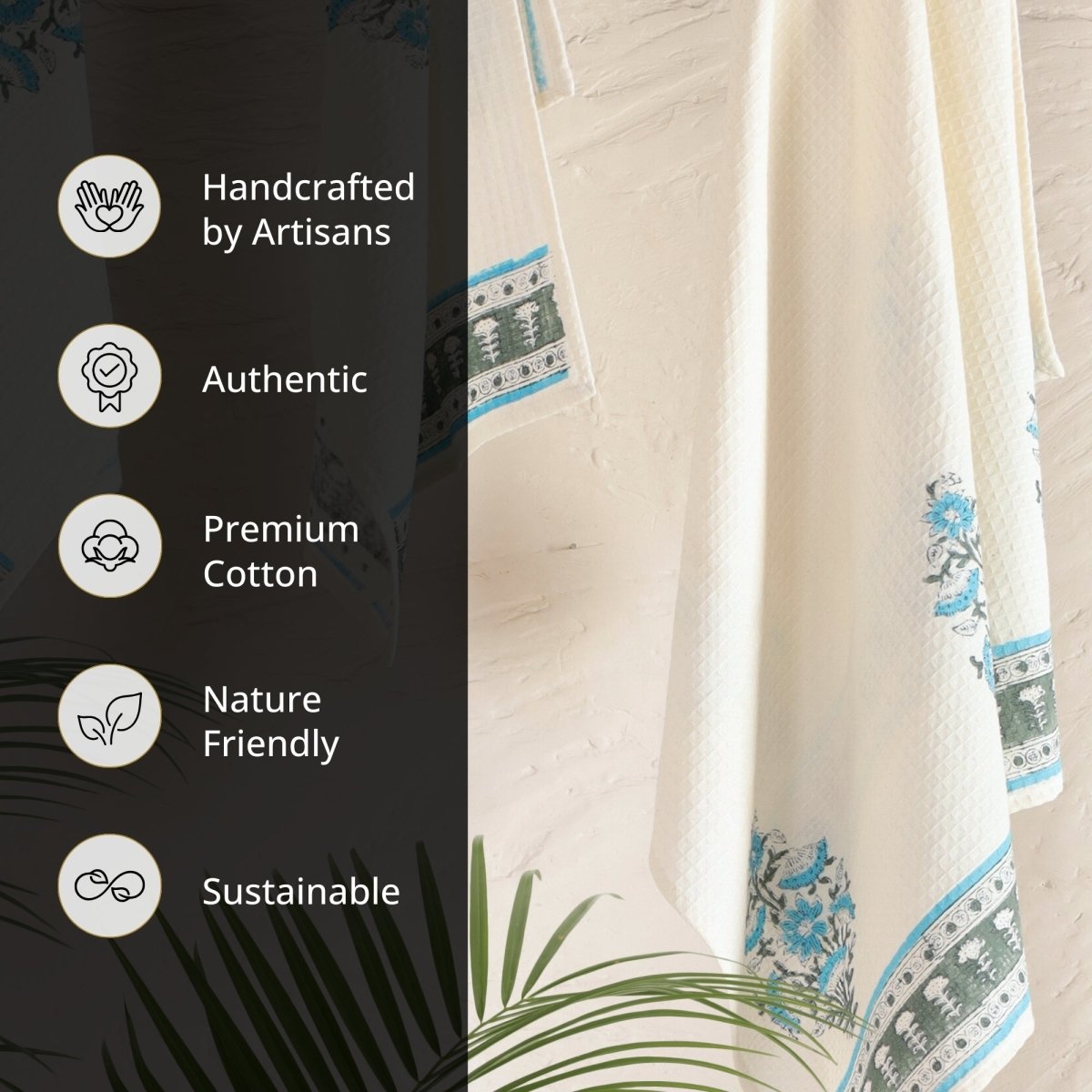 Pure Cotton Hand and Bath Towel Set | Handprinted Floral Pattern In Off White, Blue & Teal | Handmade in India