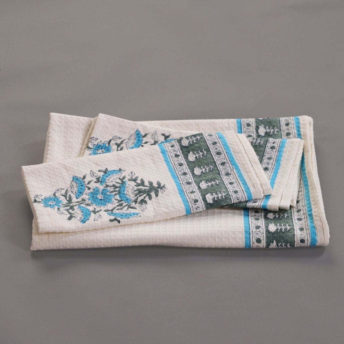 Pure Cotton Hand and Bath Towel Set | Handprinted Floral Pattern In Off White, Blue & Teal | Handmade in India