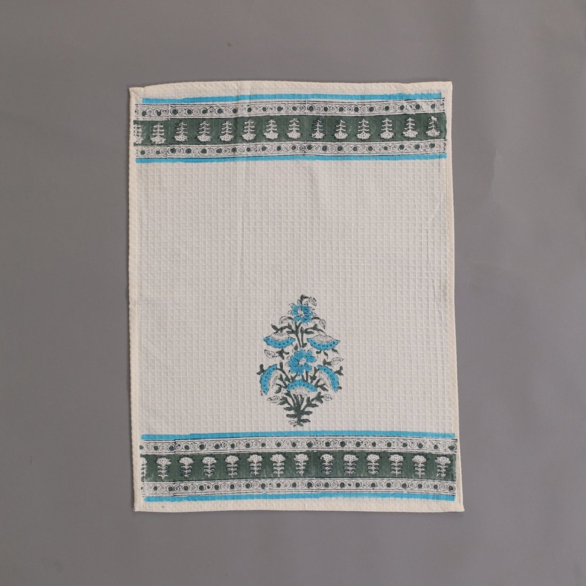 Pure Cotton Hand and Bath Towel Set | Handprinted Floral Pattern In Off White, Blue & Teal | Handmade in India