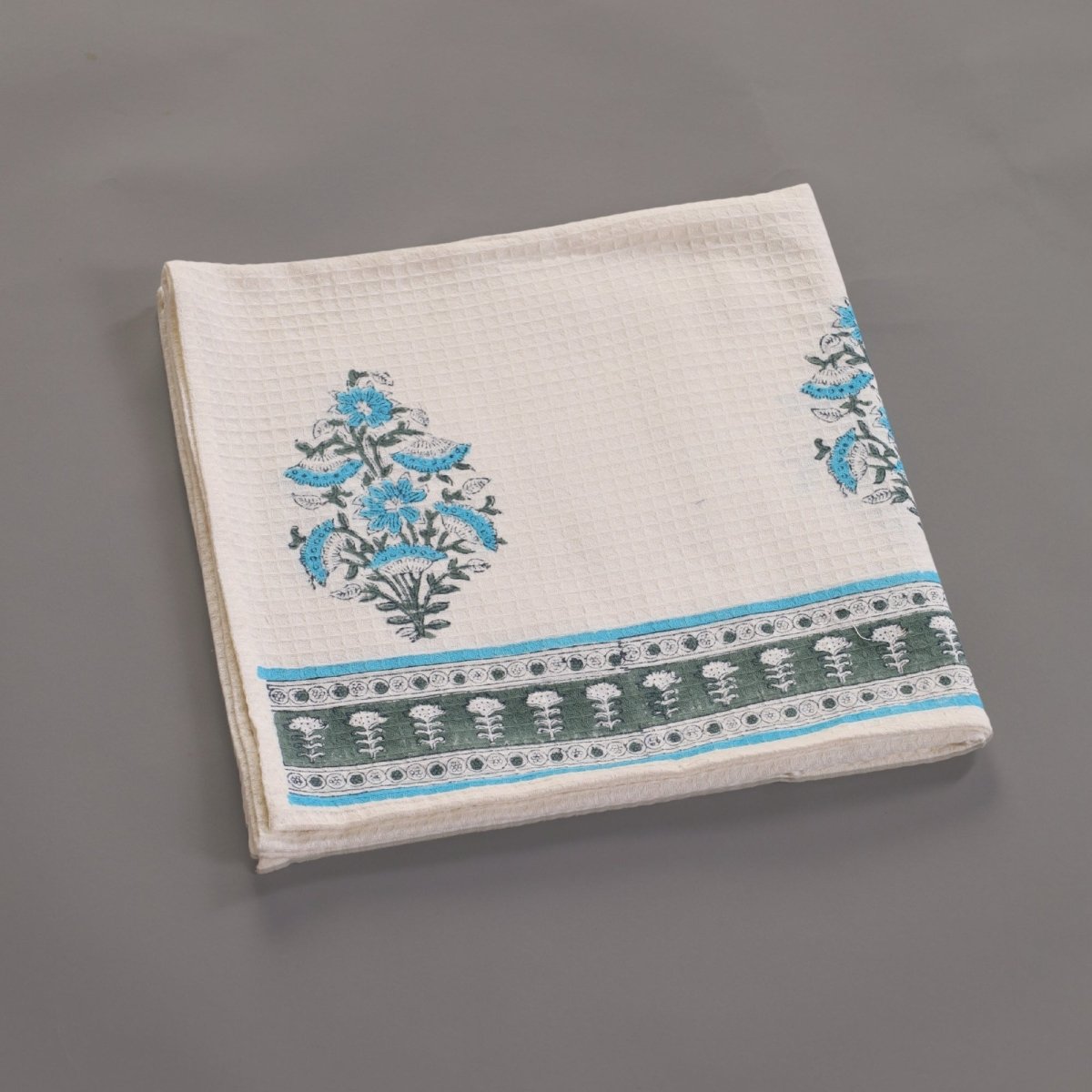 Pure Cotton Hand and Bath Towel Set | Handprinted Floral Pattern In Off White, Blue & Teal | Handmade in India