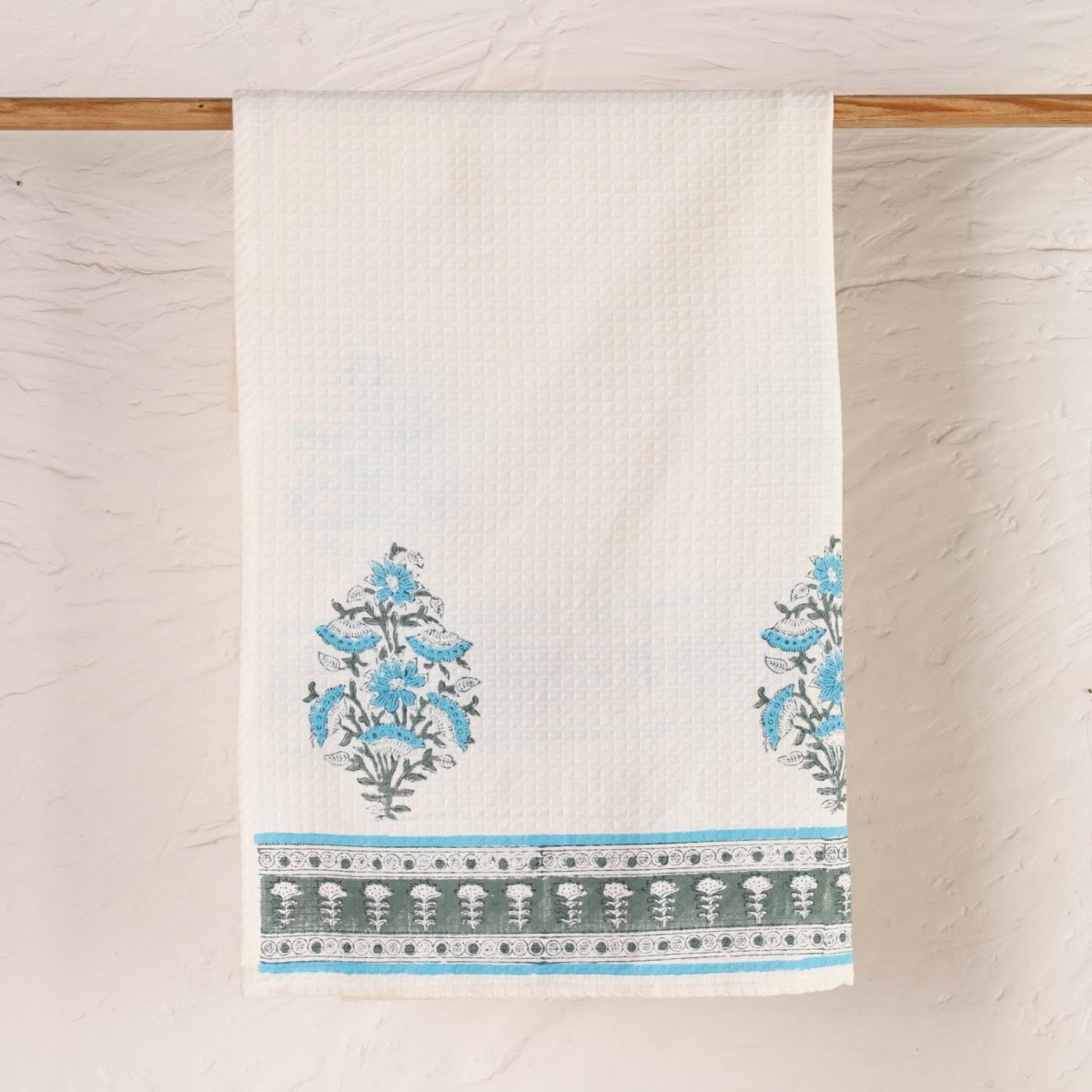 Pure Cotton Hand and Bath Towel Set | Handprinted Floral Pattern In Off White, Blue & Teal | Handmade in India