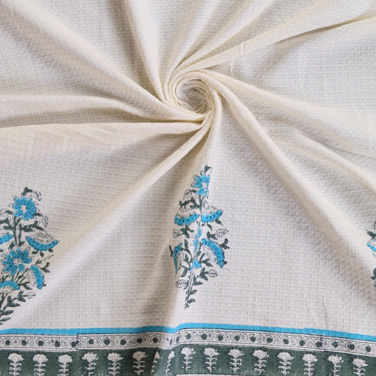 Pure Cotton Hand and Bath Towel Set | Handprinted Floral Pattern In Off White, Blue & Teal | Handmade in India