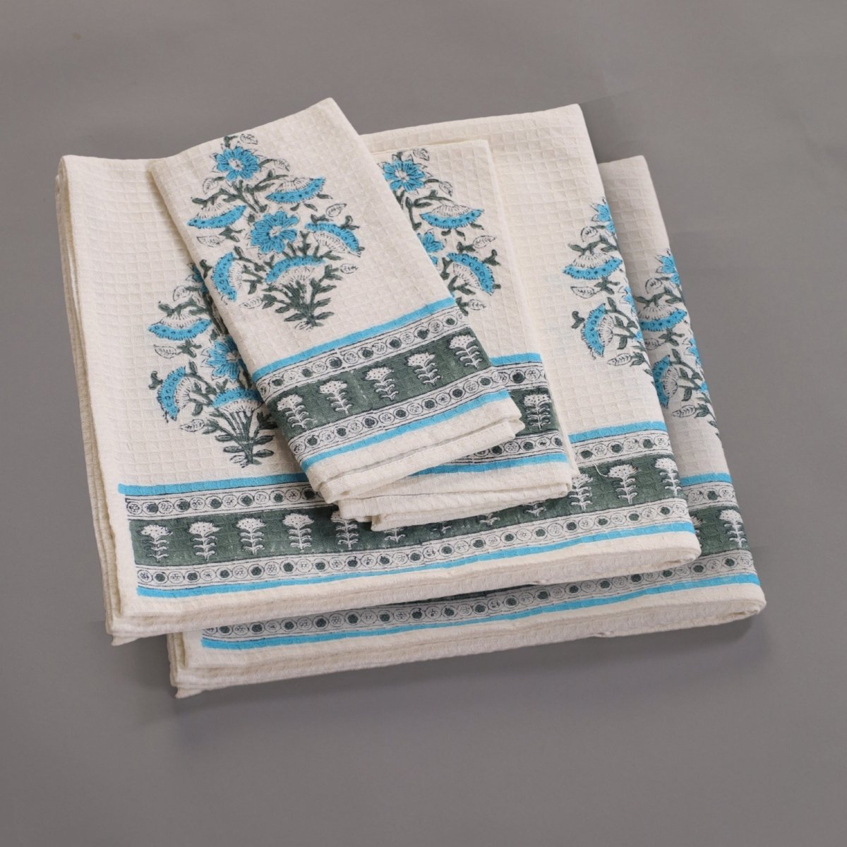 Pure Cotton Hand and Bath Towel Set | Handprinted Floral Pattern In Off White, Blue & Teal | Handmade in India