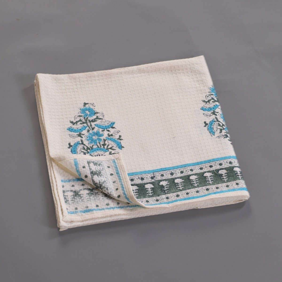 Pure Cotton Hand and Bath Towel Set | Handprinted Floral Pattern In Off White, Blue & Teal | Handmade in India