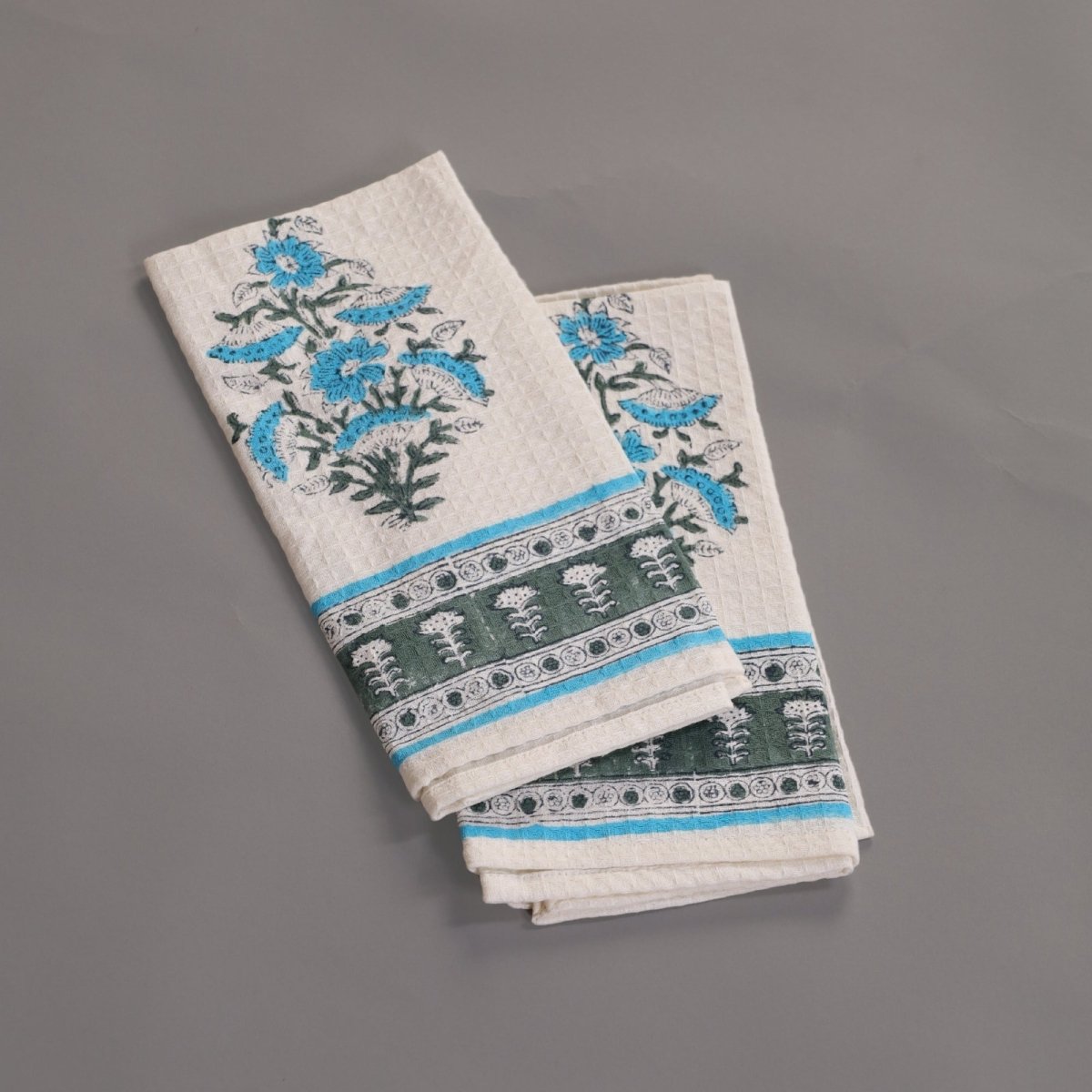 Pure Cotton Hand and Bath Towel Set | Handprinted Floral Pattern In Off White, Blue & Teal | Handmade in India