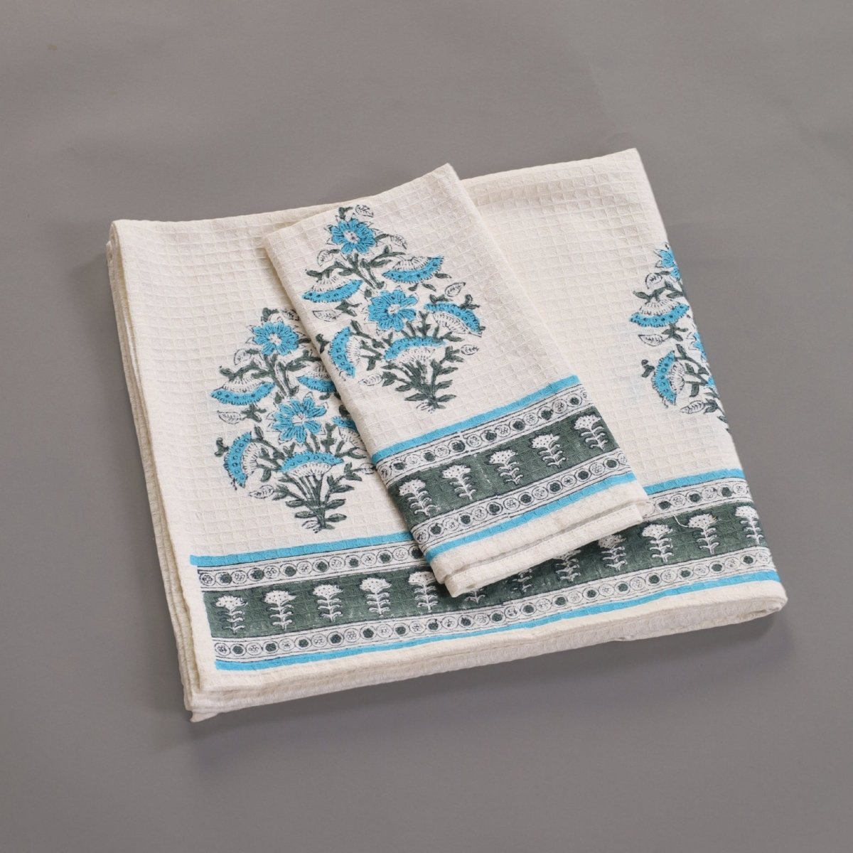 Pure Cotton Hand and Bath Towel Set | Handprinted Floral Pattern In Off White, Blue & Teal | Handmade in India