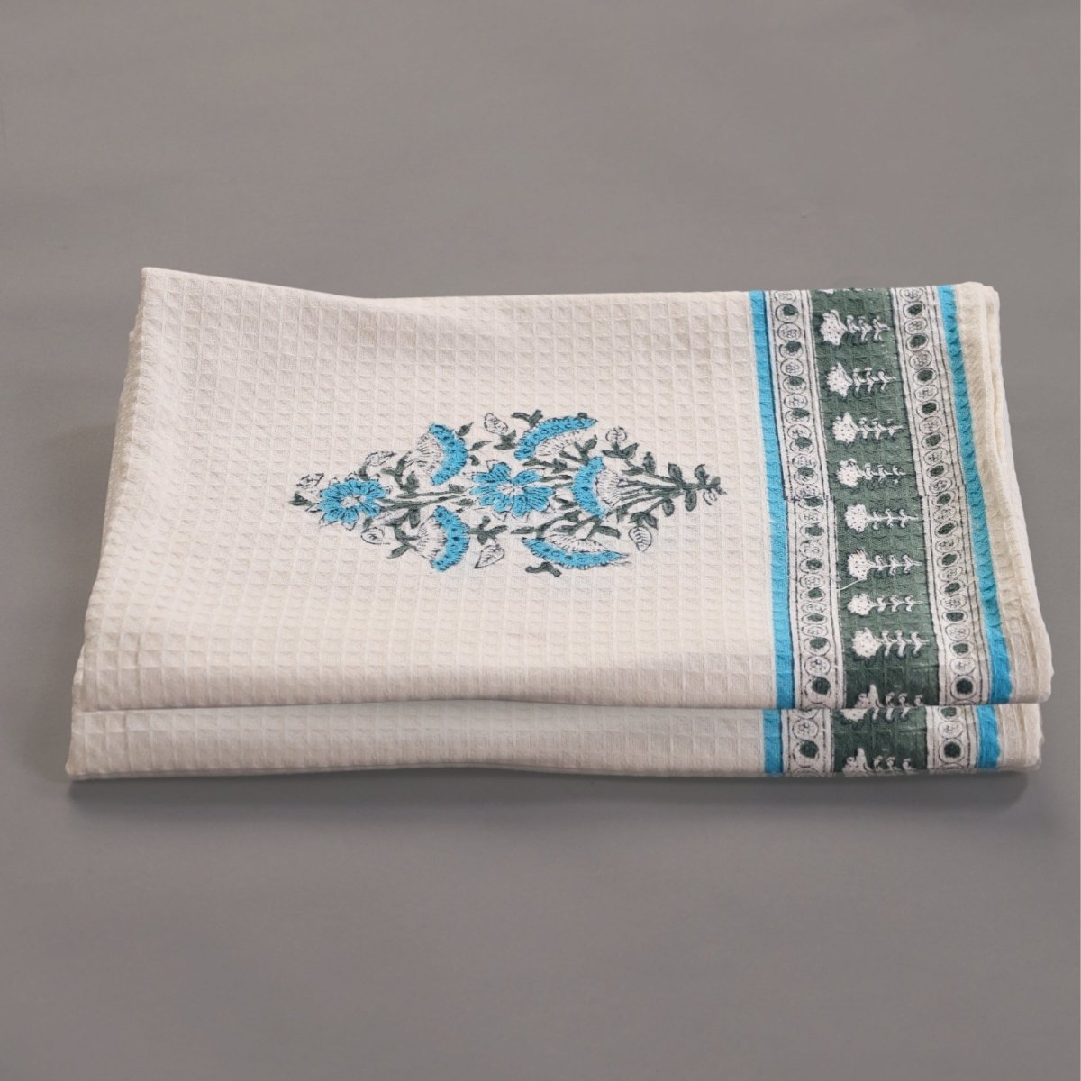 Pure Cotton Hand and Bath Towel Set | Handprinted Floral Pattern In Off White, Blue & Teal | Handmade in India