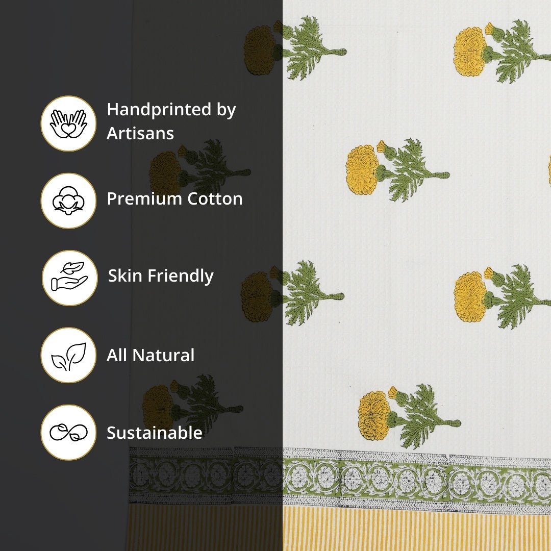 Pure Cotton Hand and Bath Towel Set | Block Printed in Marigold Pattern | Super Absorbent, Soft & Faster Drying | 300 GSM | Handmade In India