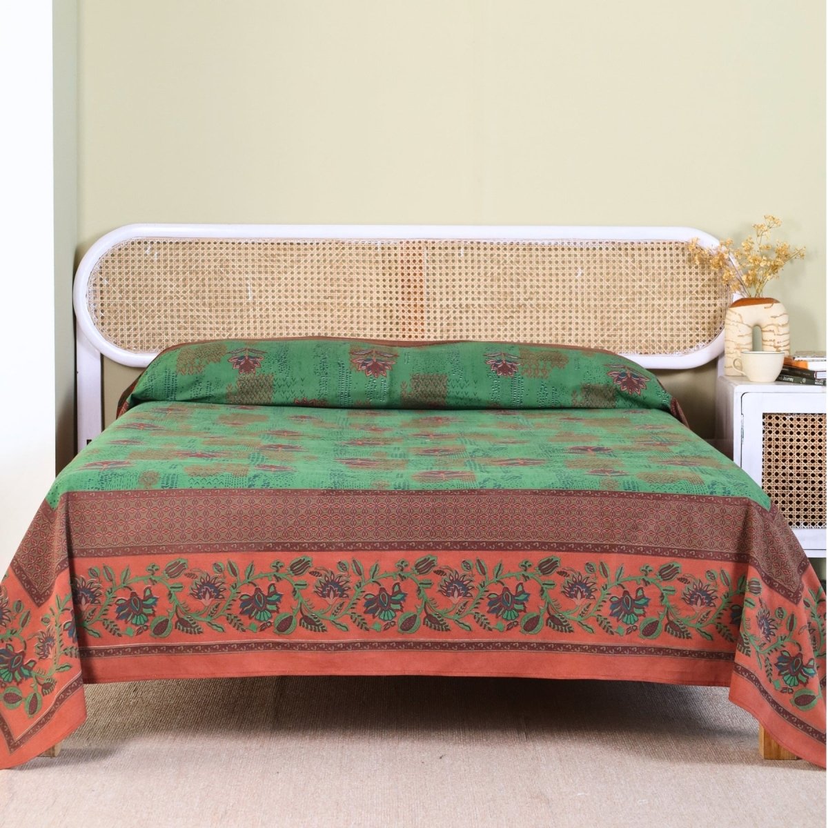 Pure Cotton Queen Size Bed Cover in Green and Brick Red | Without Pillow Cover | Chintz Collection