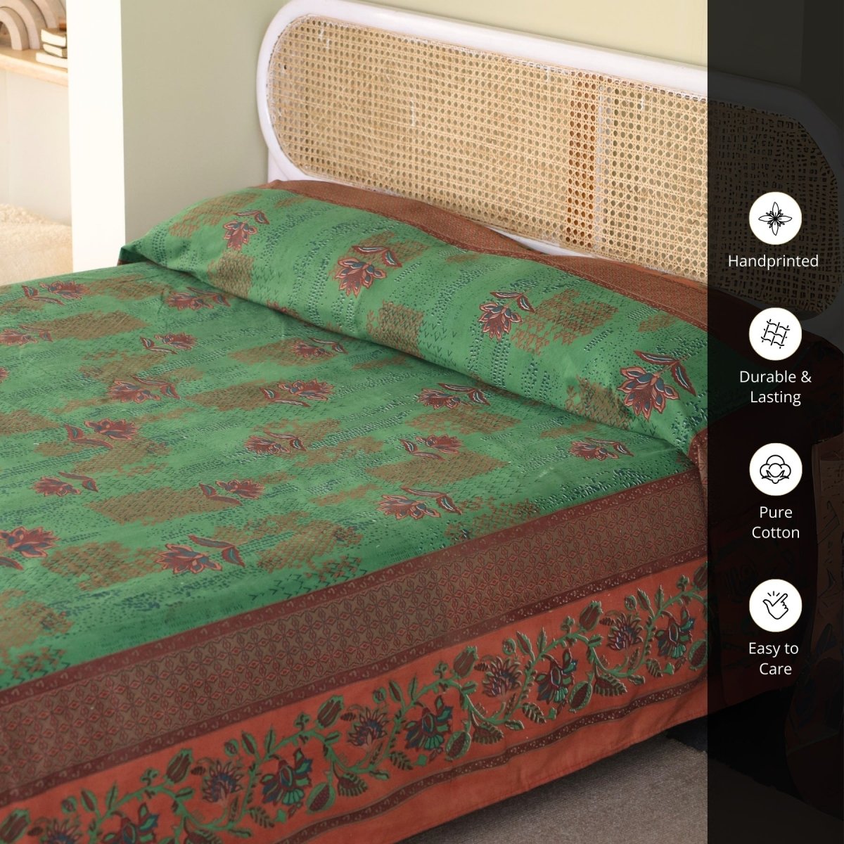Pure Cotton Queen Size Bed Cover in Green and Brick Red | Without Pillow Cover | Chintz Collection