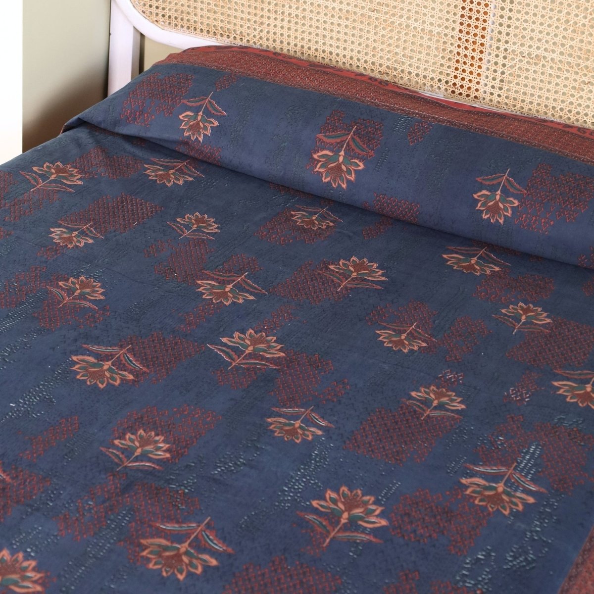 Pure Cotton Queen Size Bed Cover in Navy Blue and Brick Red | Without Pillow Cover | Chintz Collection