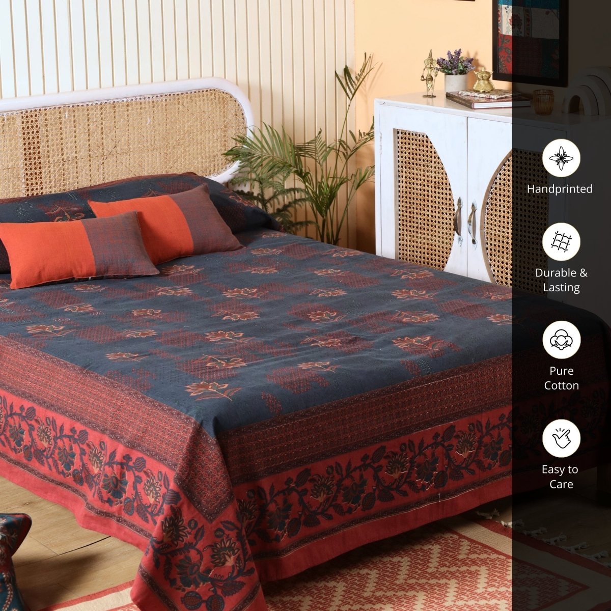 Pure Cotton Queen Size Bed Cover in Navy Blue and Brick Red | Without Pillow Cover | Chintz Collection