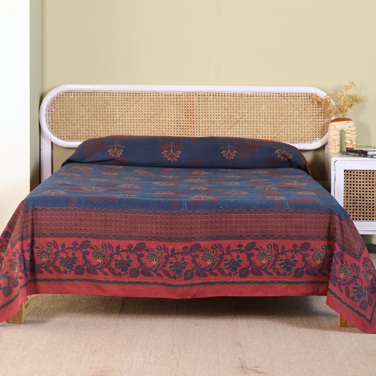 Pure Cotton Queen Size Bed Cover in Navy Blue and Brick Red | Without Pillow Cover | Chintz Collection