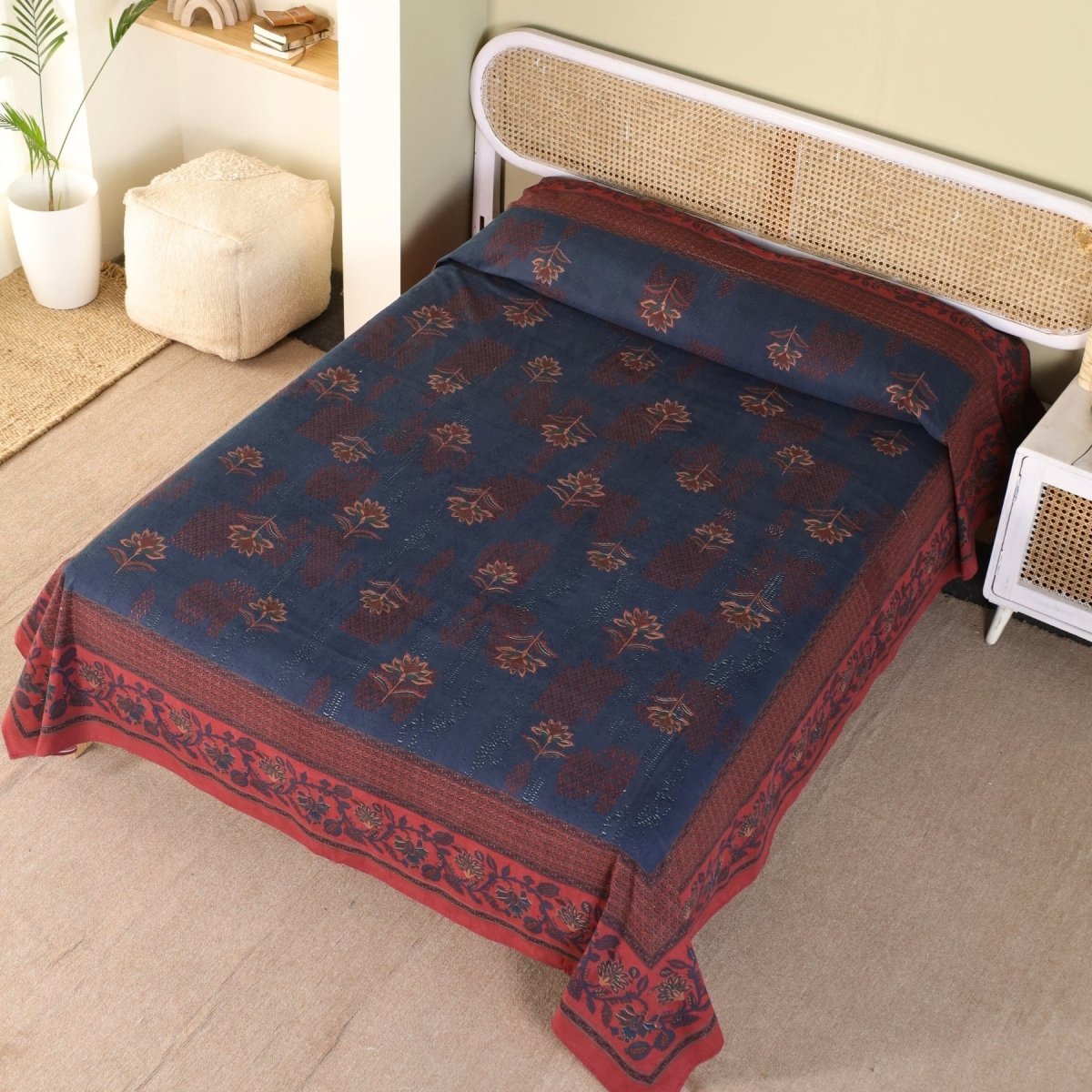 Pure Cotton Queen Size Bed Cover in Navy Blue and Brick Red | Without Pillow Cover | Chintz Collection
