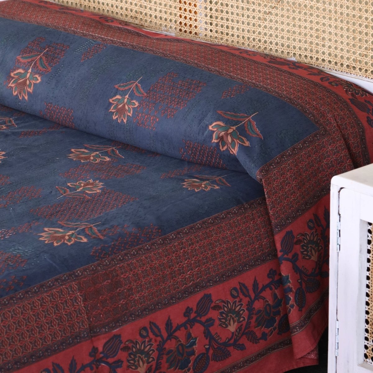 Pure Cotton Queen Size Bed Cover in Navy Blue and Brick Red | Without Pillow Cover | Chintz Collection