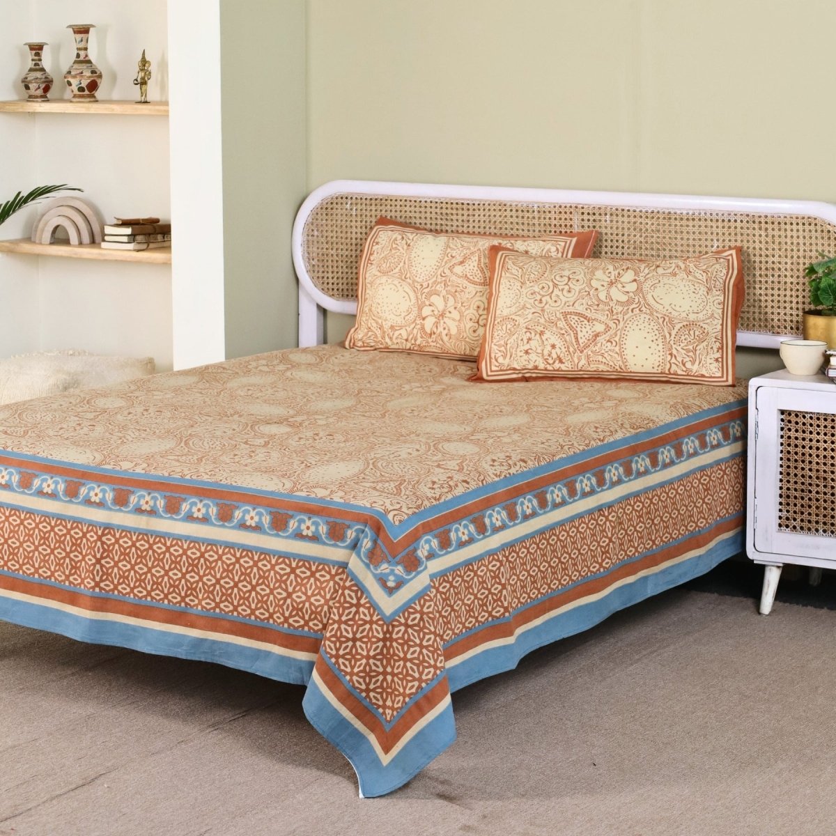 Pure Cotton Queen Size Bed Sheet with 2 Matching Pillow Covers in Ivory Brick Red and Navy Blue Colour | Machine washable | Chintz Collection