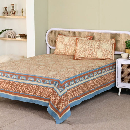 Pure Cotton Queen Size Bed Sheet with 2 Matching Pillow Covers in Ivory Brick Red and Navy Blue Colour | Machine washable | Chintz Collection