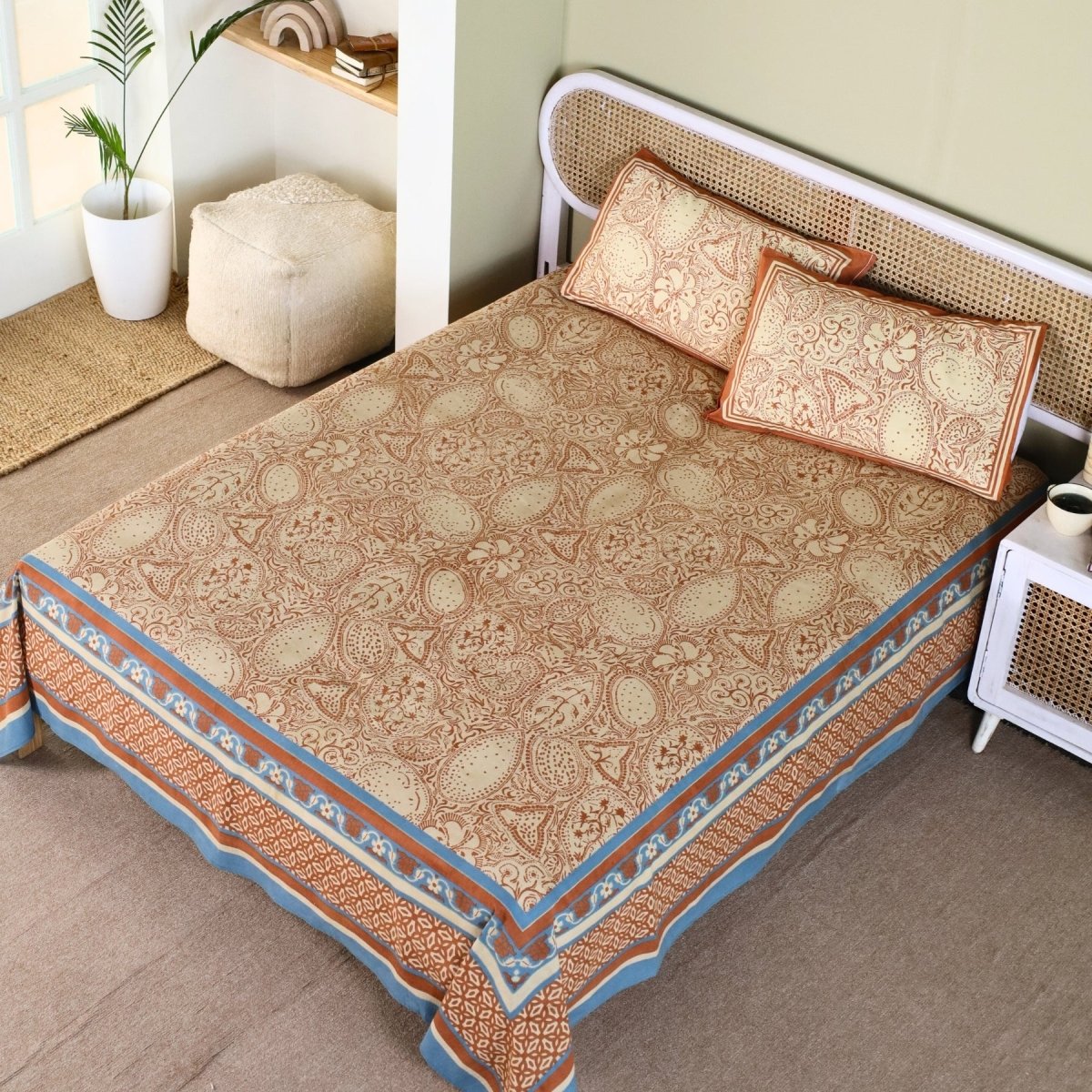 Pure Cotton Queen Size Bed Sheet with 2 Matching Pillow Covers in Ivory Brick Red and Navy Blue Colour | Machine washable | Chintz Collection