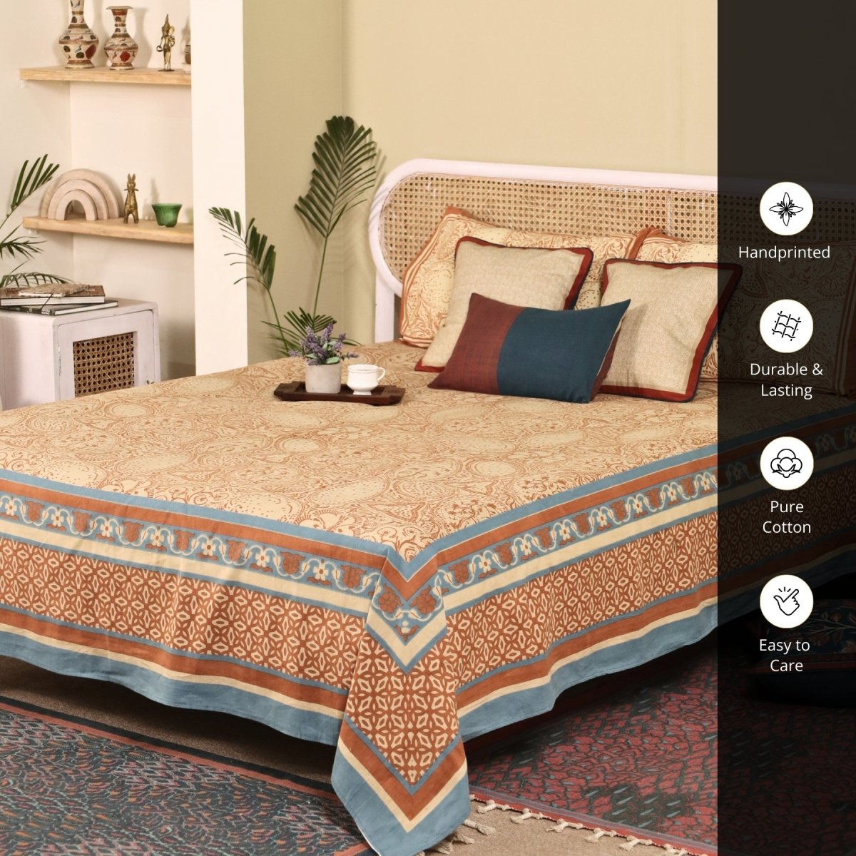 Pure Cotton Queen Size Bed Sheet with 2 Matching Pillow Covers in Ivory Brick Red and Navy Blue Colour | Machine washable | Chintz Collection