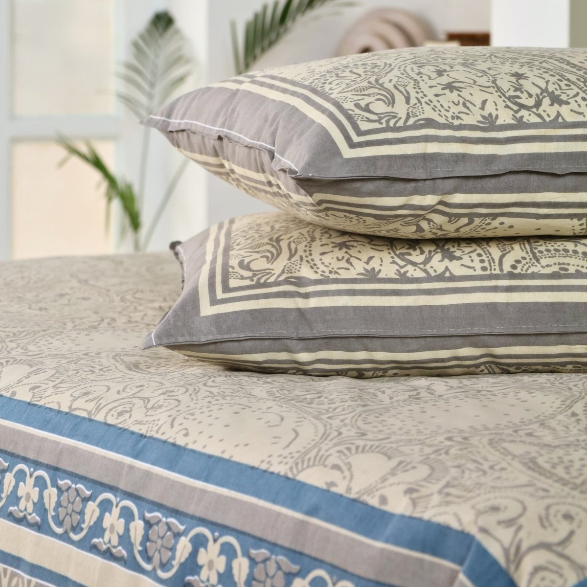 Pure Cotton Queen Size Bed Sheet with 2 Matching Pillow Covers in Ivory | Taupe and Navy Blue Colour | Machine washable | Chintz Collection