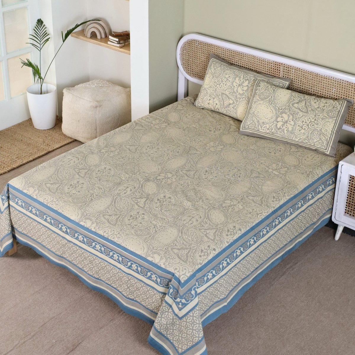 Pure Cotton Queen Size Bed Sheet with 2 Matching Pillow Covers in Ivory | Taupe and Navy Blue Colour | Machine washable | Chintz Collection