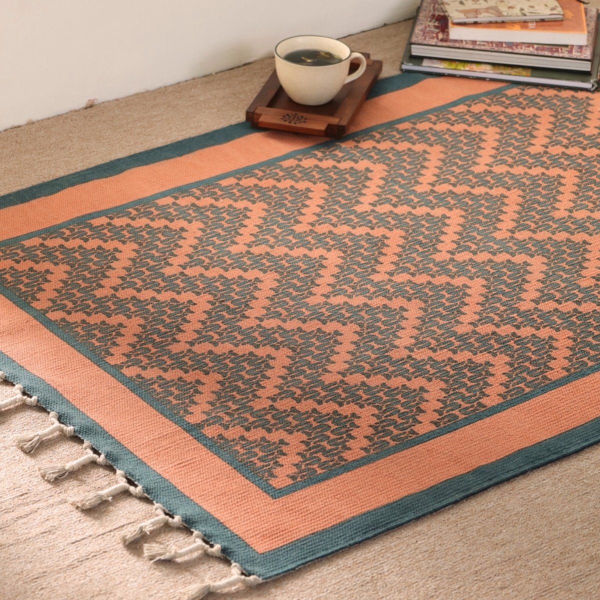 Pure Cotton Rug in size 3X5ft in Coral and Teal Chevron Pattern | Ideal for Living Room and Bedroom | Dry Clean only | Chintz Collection