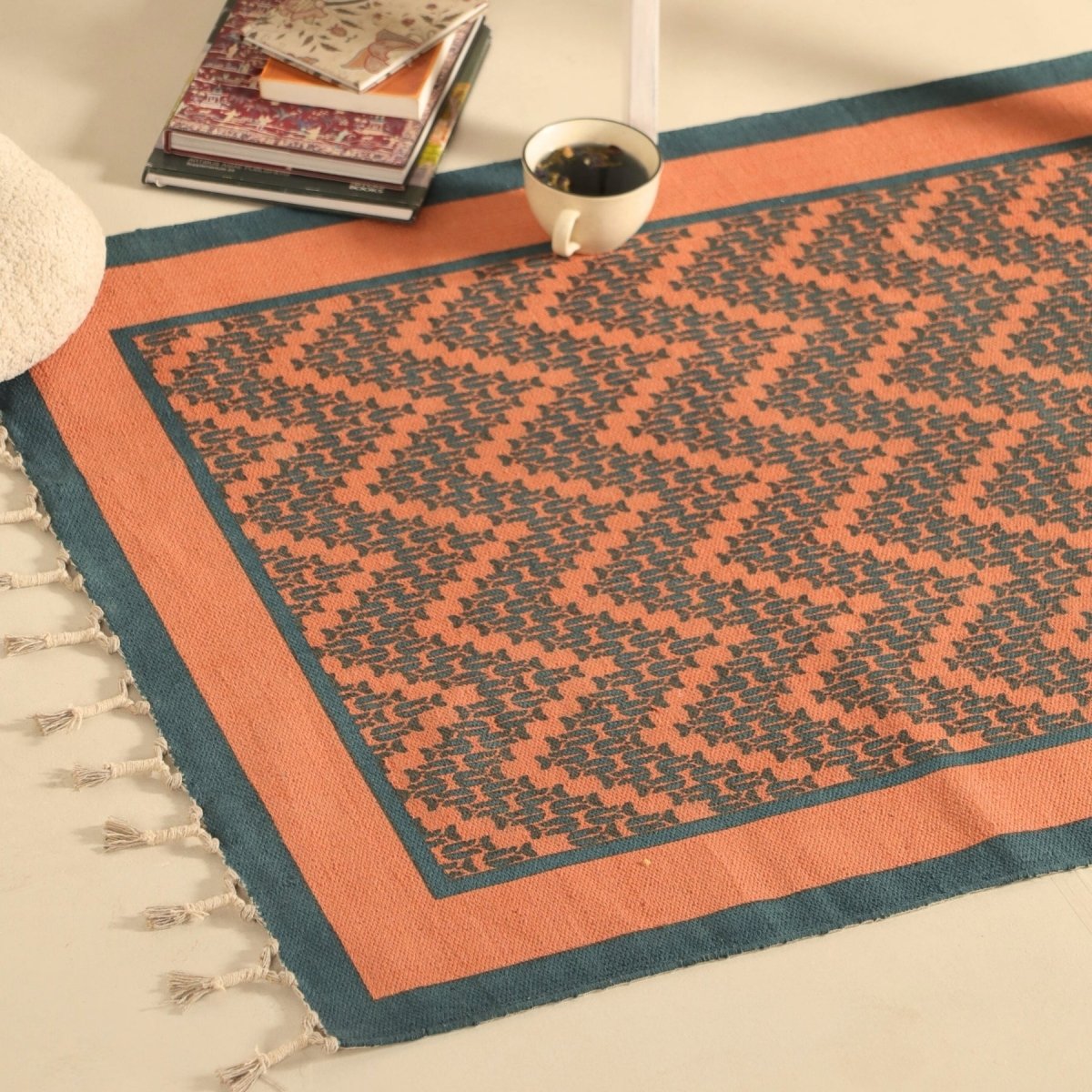 Pure Cotton Rug in size 3X5ft in Coral and Teal Chevron Pattern | Ideal for Living Room and Bedroom | Dry Clean only | Chintz Collection