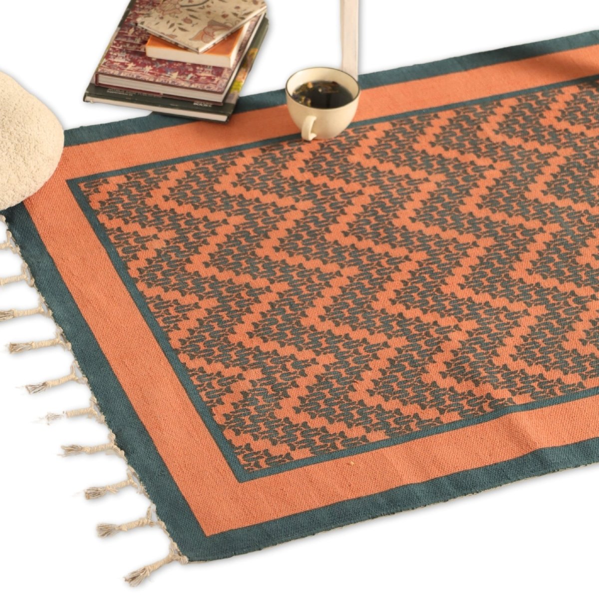 Pure Cotton Rug in size 3X5ft in Coral and Teal Chevron Pattern | Ideal for Living Room and Bedroom | Dry Clean only | Chintz Collection