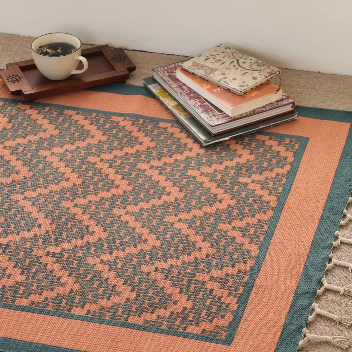 Pure Cotton Rug in size 3X5ft in Coral and Teal Chevron Pattern | Ideal for Living Room and Bedroom | Dry Clean only | Chintz Collection