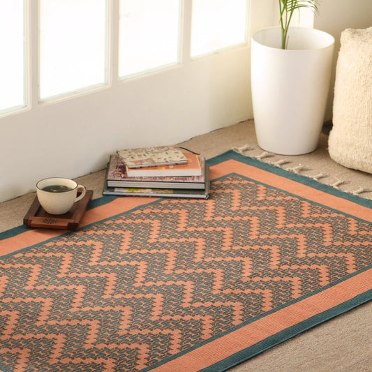 Pure Cotton Rug in size 3X5ft in Coral and Teal Chevron Pattern | Ideal for Living Room and Bedroom | Dry Clean only | Chintz Collection