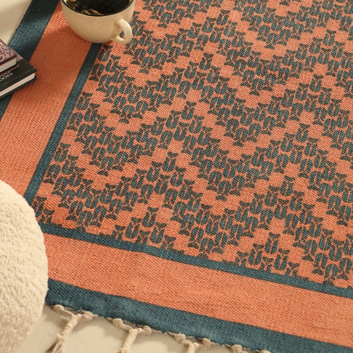 Pure Cotton Rug in size 3X5ft in Coral and Teal Chevron Pattern | Ideal for Living Room and Bedroom | Dry Clean only | Chintz Collection
