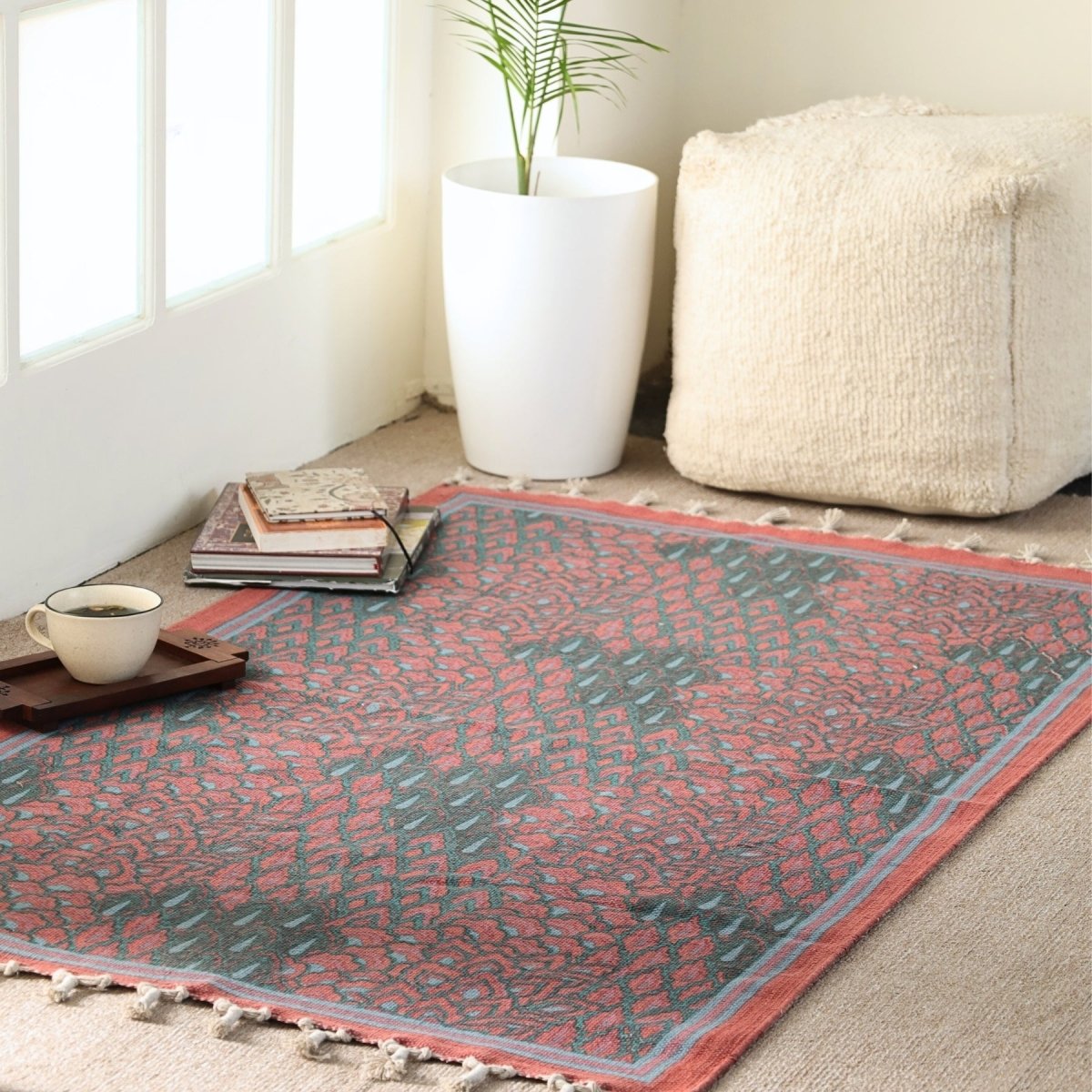 Pure Cotton Rug in size 3X5ft in Coral and Teal | Ideal for Living Room or Bedroom | Dry Clean only | Chintz Collection