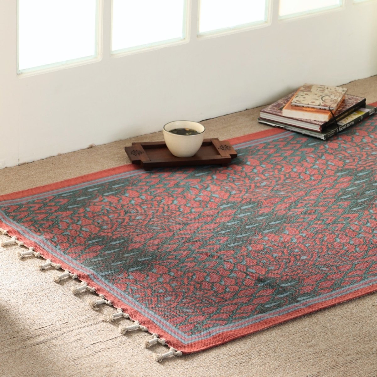 Pure Cotton Rug in size 3X5ft in Coral and Teal | Ideal for Living Room or Bedroom | Dry Clean only | Chintz Collection