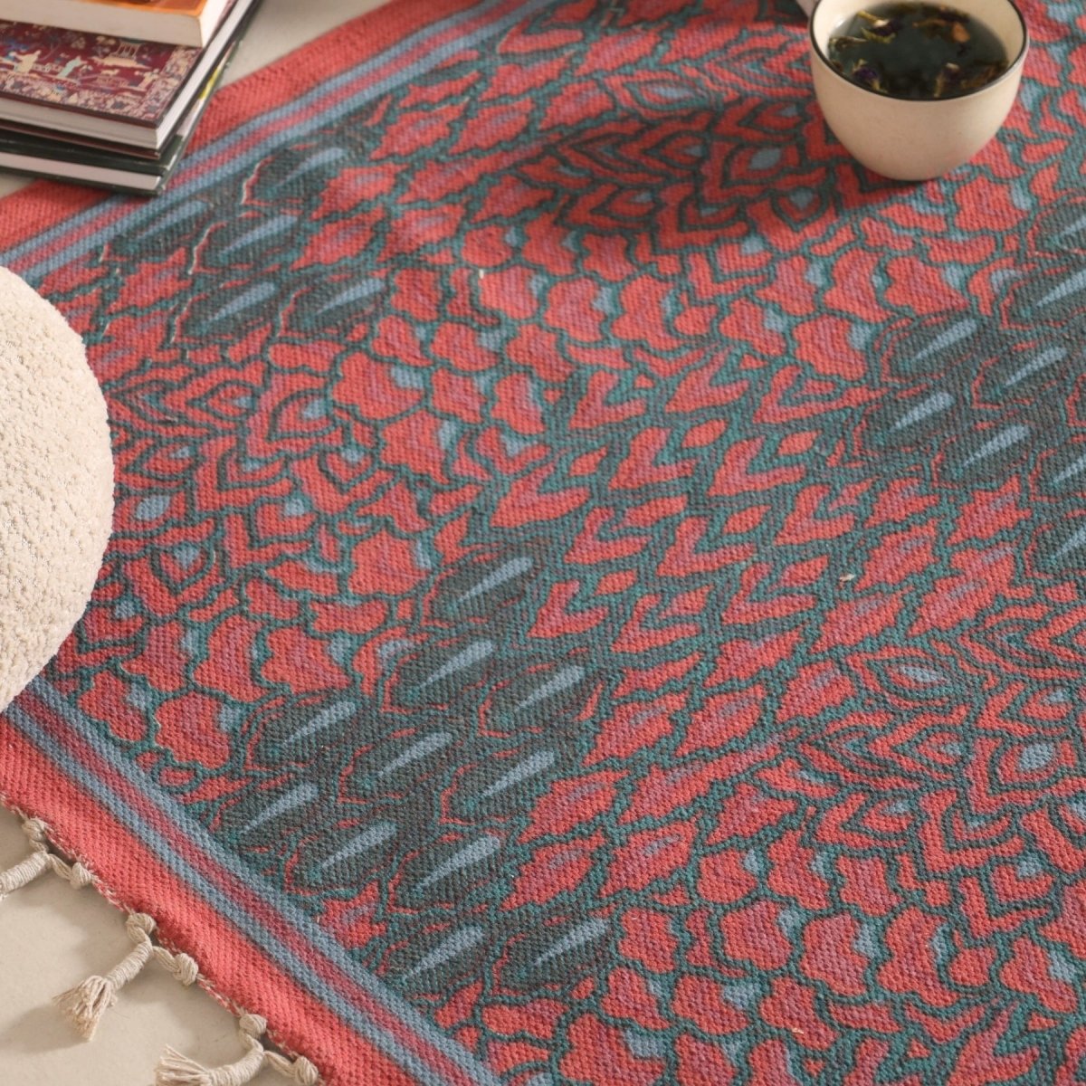 Pure Cotton Rug in size 3X5ft in Coral and Teal | Ideal for Living Room or Bedroom | Dry Clean only | Chintz Collection