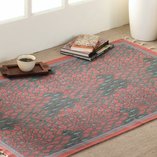 Pure Cotton Rug in size 3X5ft in Coral and Teal | Ideal for Living Room or Bedroom | Dry Clean only | Chintz Collection