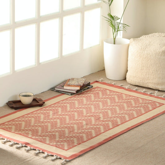 Pure Cotton Rug in size 3X5ft in Ivory and Coral Chevron Pattern | Ideal for Living Room and Bedroom | Dry Clean only | Chintz Collection
