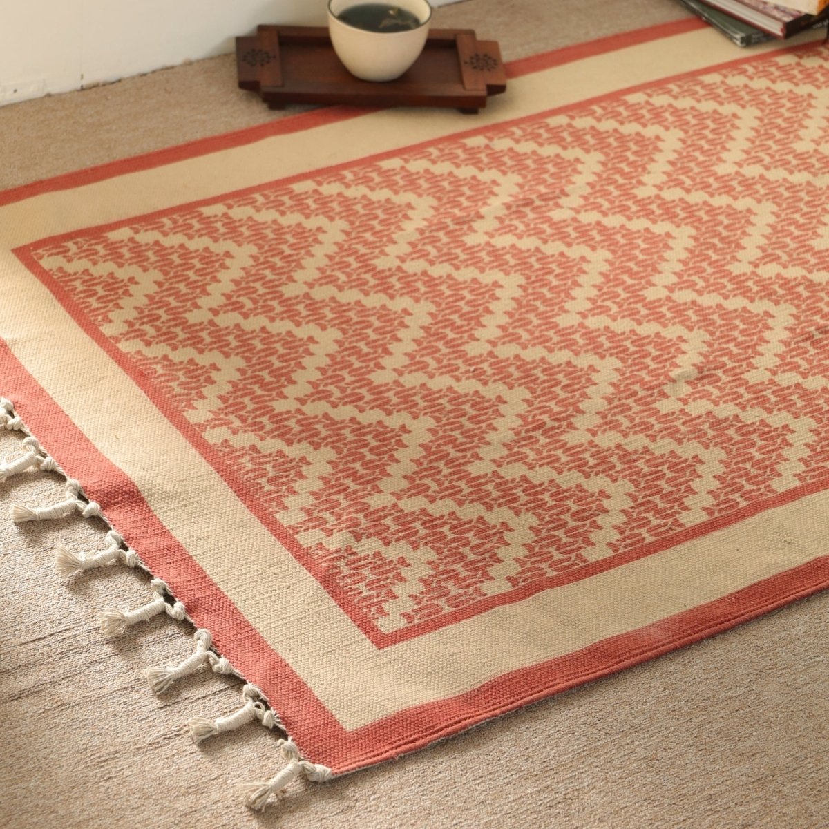 Pure Cotton Rug in size 3X5ft in Ivory and Coral Chevron Pattern | Ideal for Living Room and Bedroom | Dry Clean only | Chintz Collection