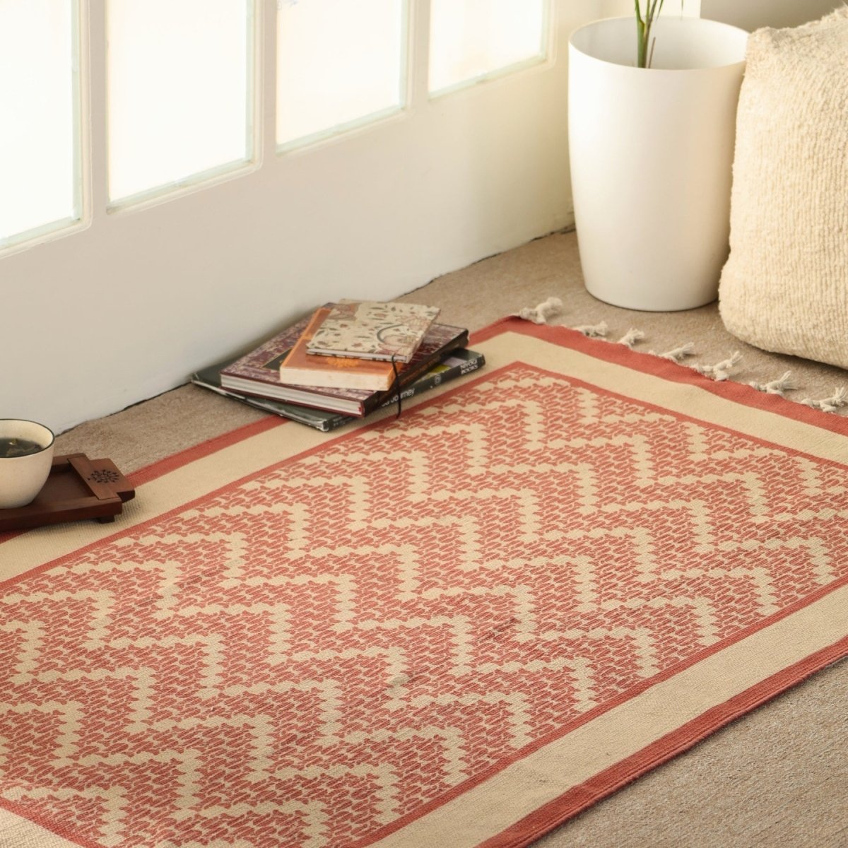 Pure Cotton Rug in size 3X5ft in Ivory and Coral Chevron Pattern | Ideal for Living Room and Bedroom | Dry Clean only | Chintz Collection